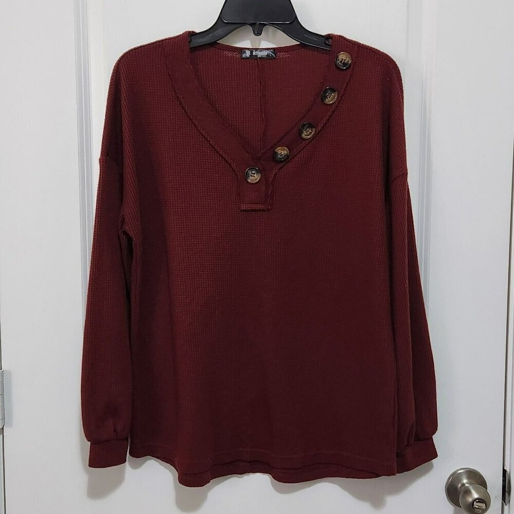 BTFBM Womens L Waffle Knit Lantern Sleeve V-neck Shirt Burgandy Lightweight Boho